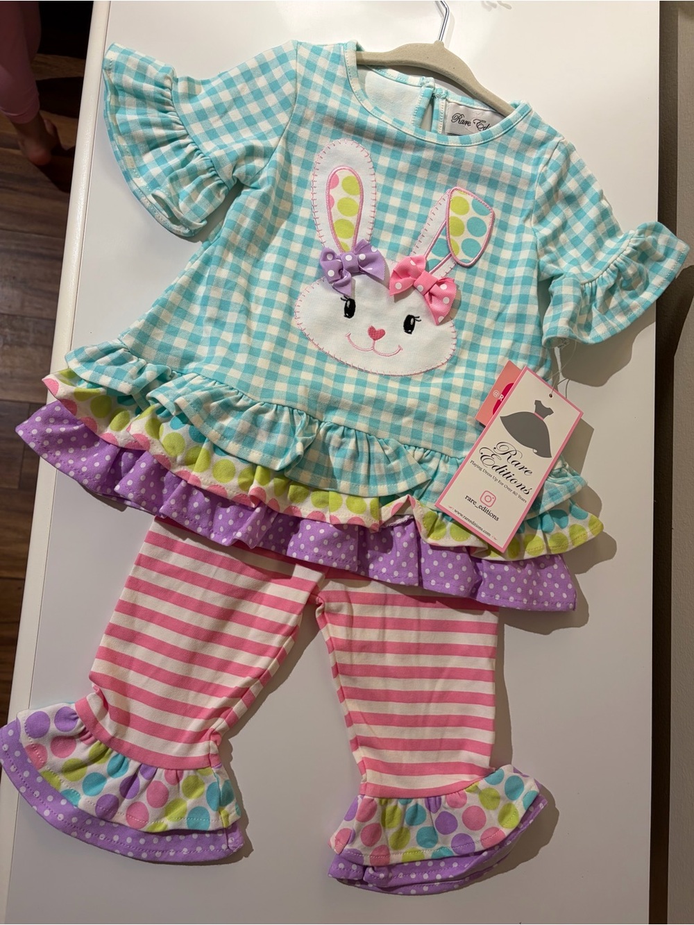 Girls Colorful Set with Ruffle Bunny Top and Pink Stripe Ruffle Pants 18 months